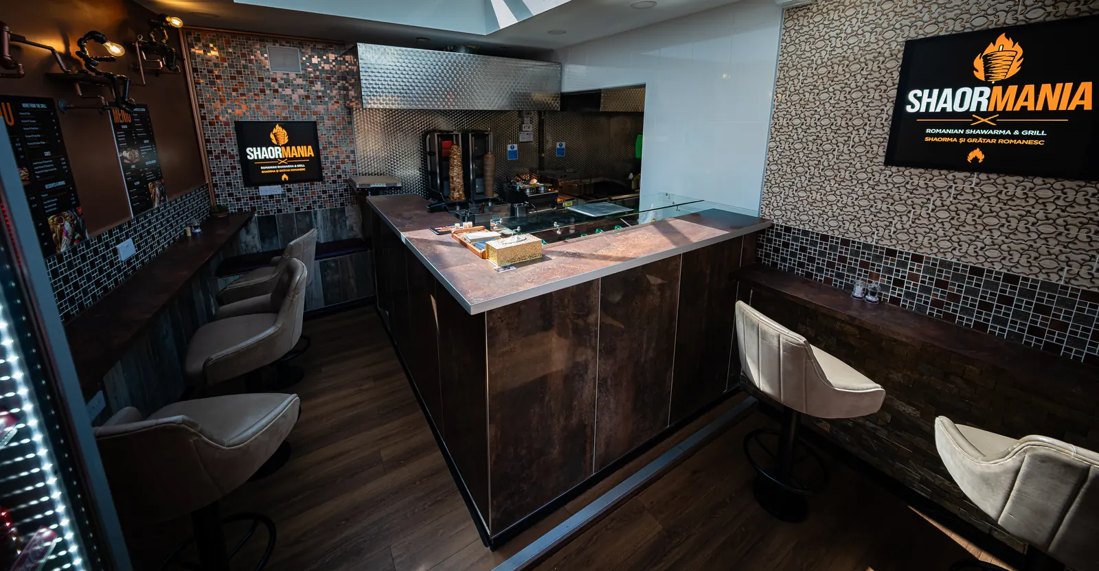 The finished counter and dining area at Shaormania, Daventry